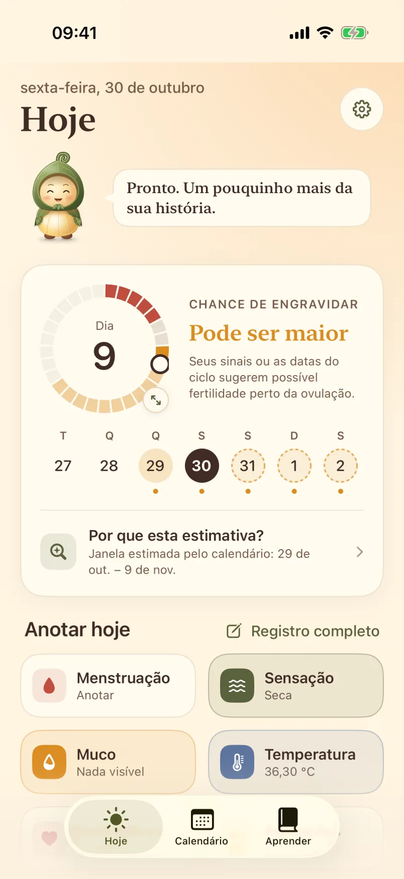Hoje: dia do ciclo, chance de engravidar e registro com um toque